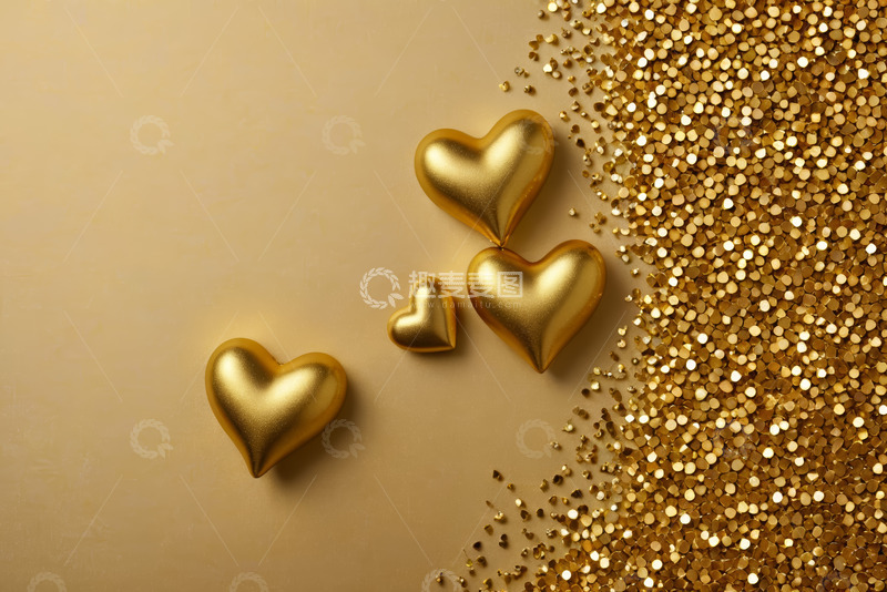 高清大图下载【趣麦麦图】金色心形装饰与闪光背景素材