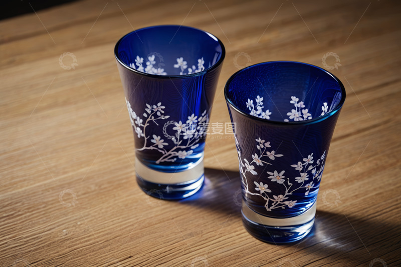 高清大图下载【趣麦麦图】木质桌面上的蓝色花纹玻璃杯