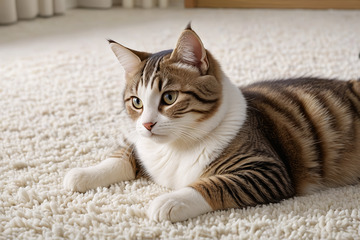 趴在地毯上的条纹猫咪