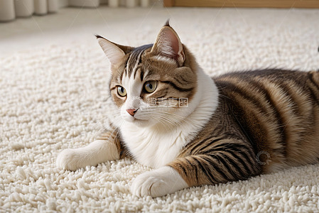 趴在地毯上的条纹猫咪
