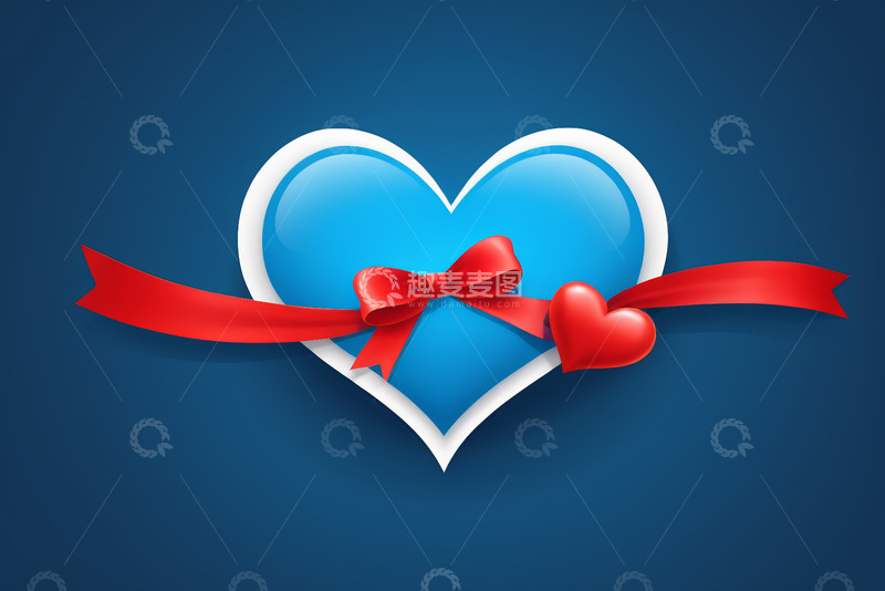 高清大图下载【趣麦麦图】蓝色爱心配红色丝带装饰图案