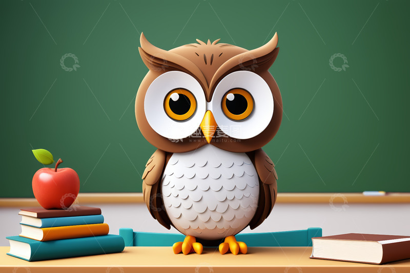 高清大图下载【趣麦麦图】教室中卡通猫头鹰与书籍苹果画面