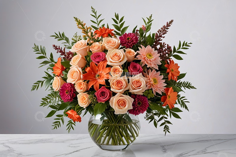 高清大图下载【趣麦麦图】花瓶中色彩丰富的花卉组合