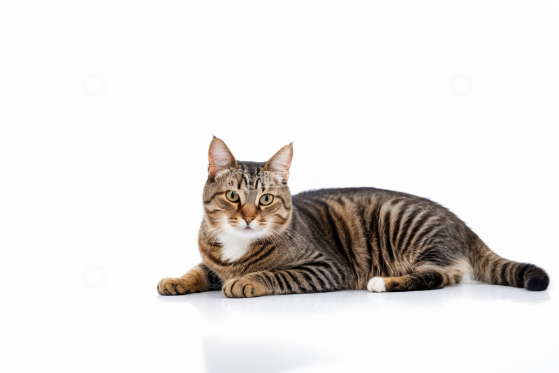 高清大图下载【趣麦麦图】趴在白色背景上的虎斑猫