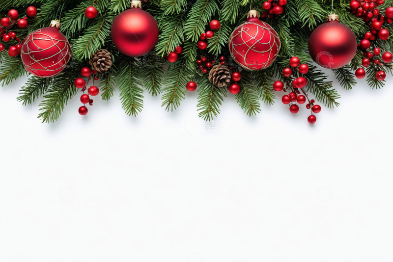 高清大图下载【趣麦麦图】圣诞装饰松枝与红色球特写