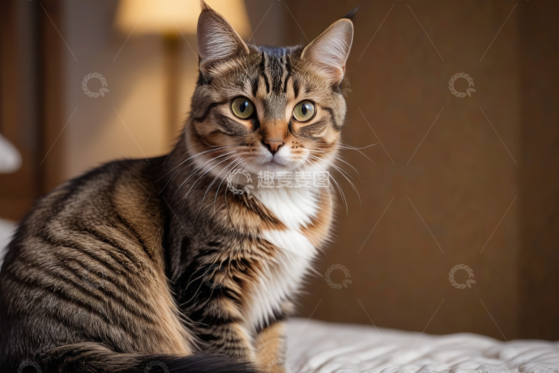 高清大图下载【趣麦麦图】室内坐着的斑纹宠物猫