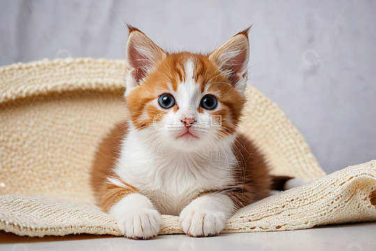 可爱小猫咪躺卧在编织物上