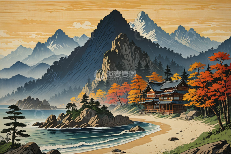 高清大图下载【趣麦麦图】海边中式建筑与山峦秋景