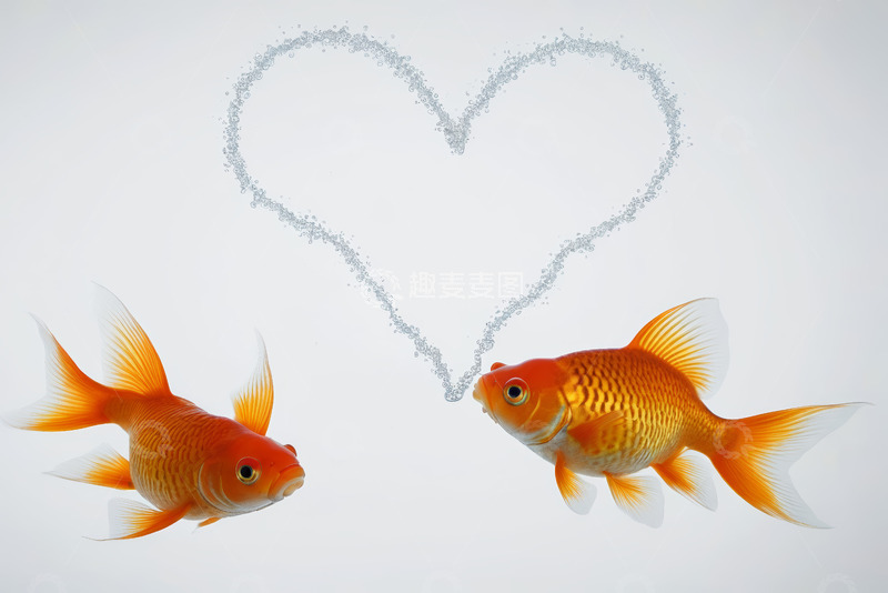 高清大图下载【趣麦麦图】两条金鱼吐泡泡形成爱心形状