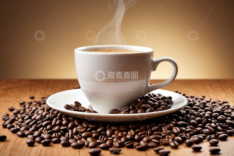 高清大图下载【趣麦麦图】木桌上的咖啡杯与咖啡豆