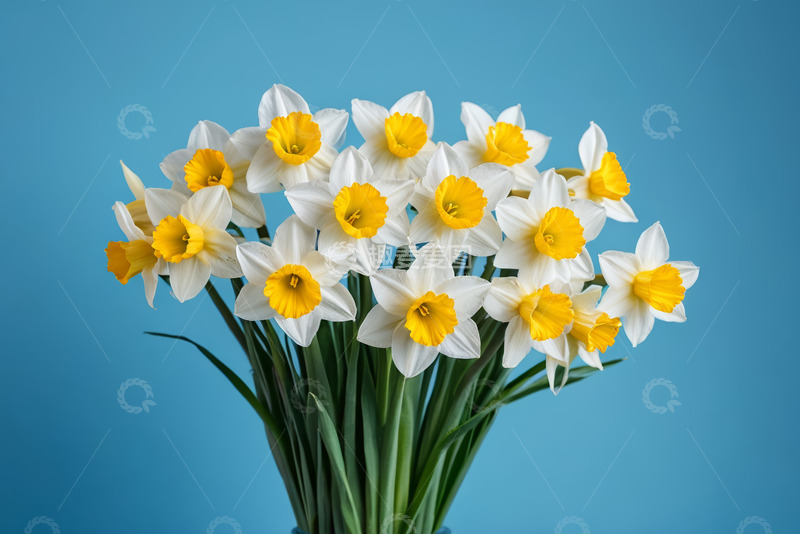 高清大图下载【趣麦麦图】蓝色背景白色黄色水仙花束