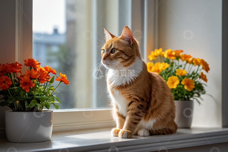 高清大图下载【趣麦麦图】窗边橘白猫咪与花卉场景
