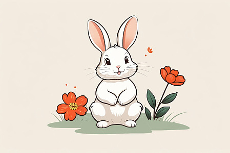 卡通白兔与红花插画素材