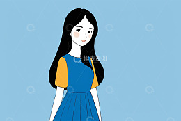 穿蓝裙的长发女孩插画