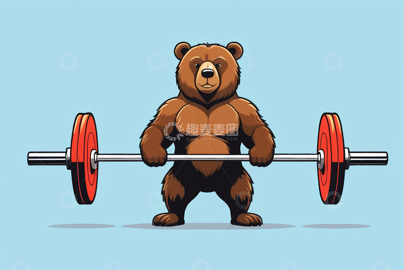 高清大图下载【趣麦麦图】卡通棕熊举杠铃插画