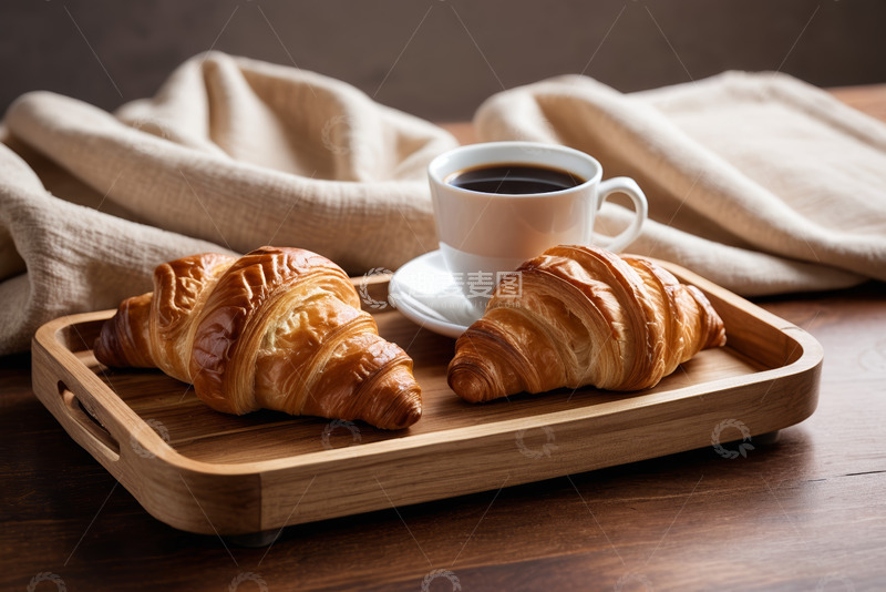 高清大图下载【趣麦麦图】木盘上的牛角面包与咖啡
