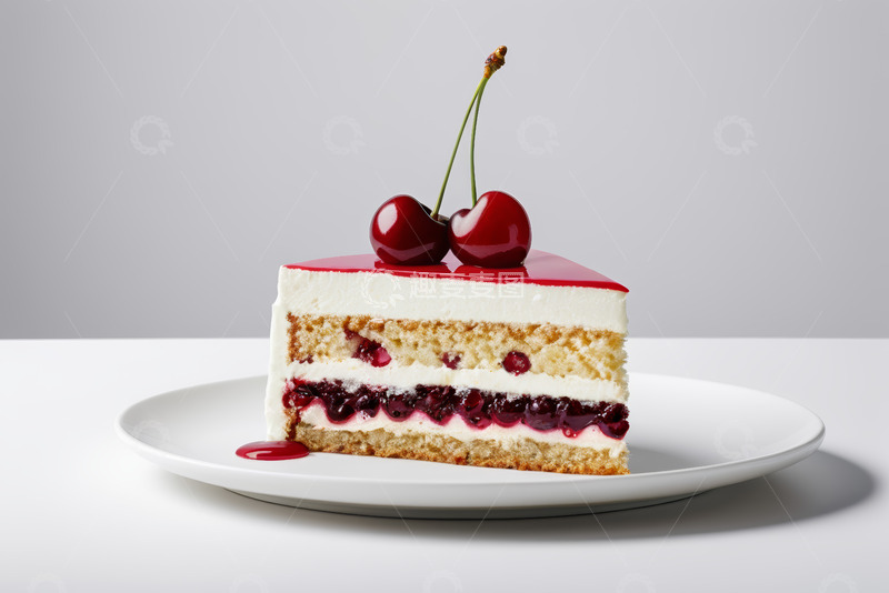 高清大图下载【趣麦麦图】盘子里的樱桃装饰蛋糕切片