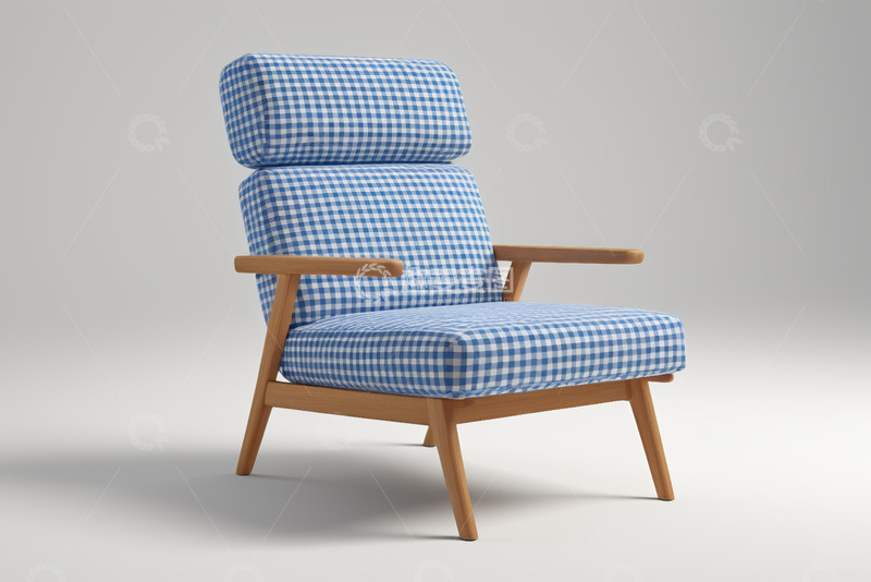 高清大图下载【趣麦麦图】蓝白格纹木质扶手休闲椅