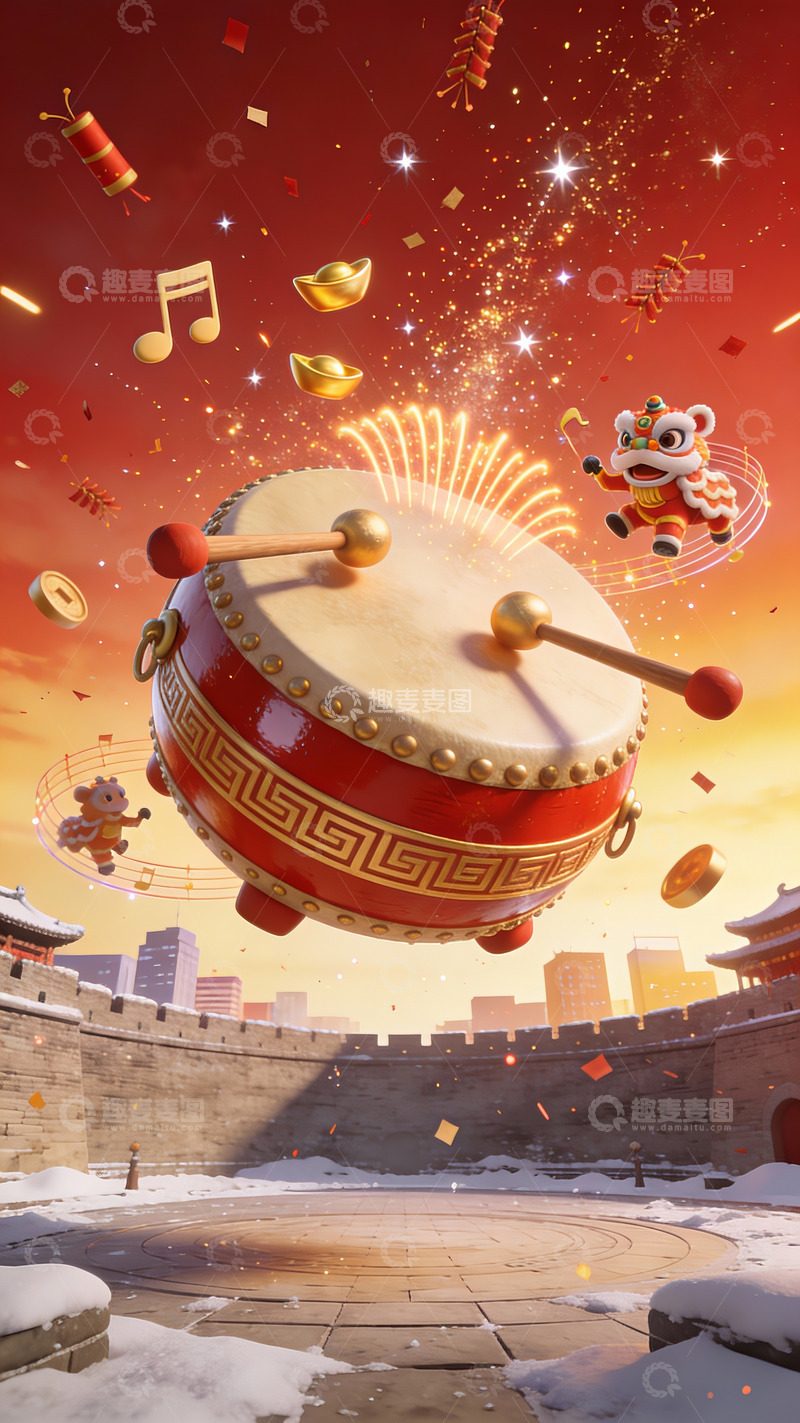 高清大图下载【趣麦麦图】新年醒狮鼓乐祥瑞贺岁图