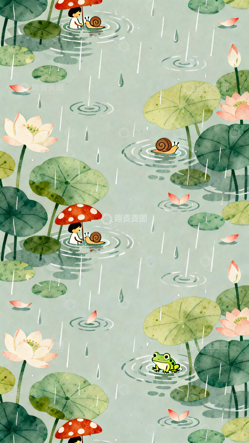 高清大图下载【趣麦麦图】荷塘雨天萌宠治愈系插画