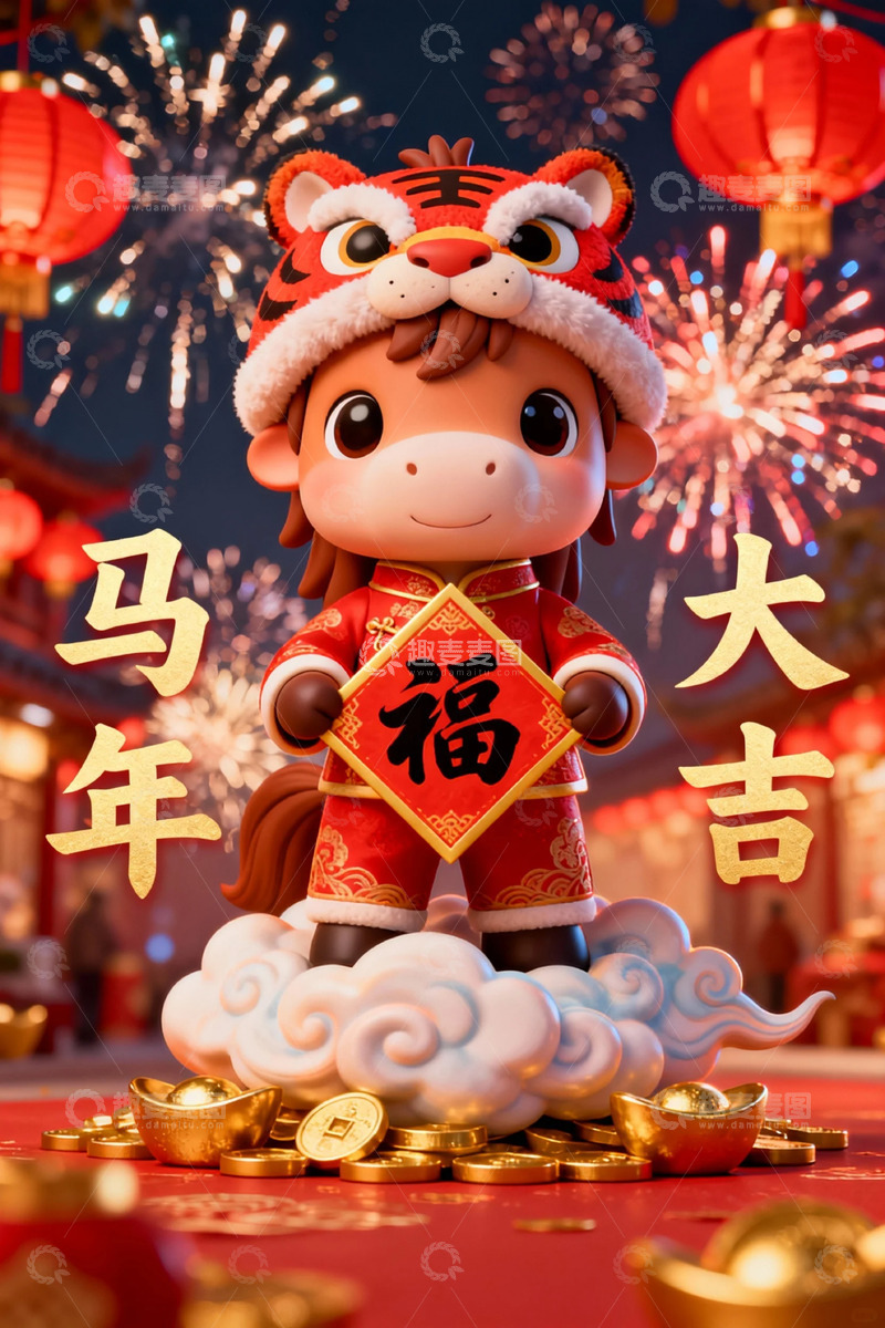 高清大图下载【趣麦麦图】-马年大吉喜庆动画人物祝福图