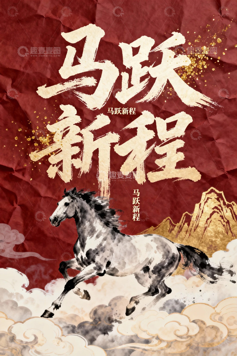 高清大图下载【趣麦麦图】马跃新程水墨风海报设计
