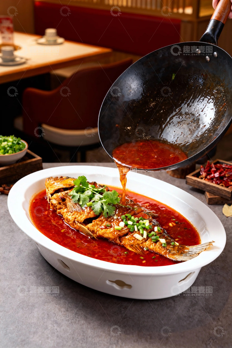 高清大图下载【趣麦麦图】中餐红汤鱼烹饪现场摄影