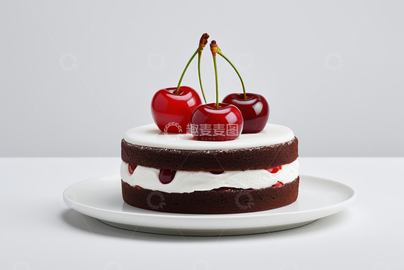 高清大图下载【趣麦麦图】白色盘上的樱桃装饰巧克力蛋糕