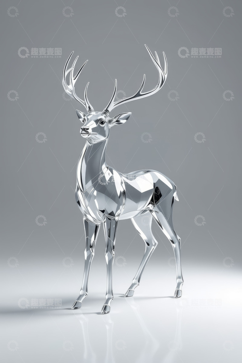 高清大图下载【趣麦麦图】立体几何风格银色鹿摆件