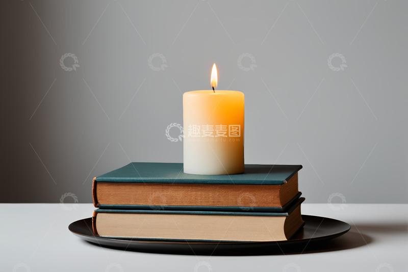 高清大图下载【趣麦麦图】蜡烛置于堆叠书籍上的静物