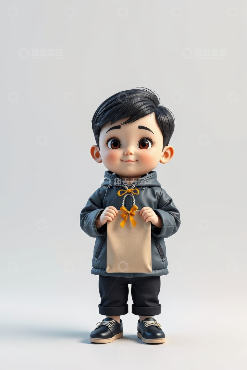 高清大图下载【趣麦麦图】手持纸袋的卡通小男孩形象