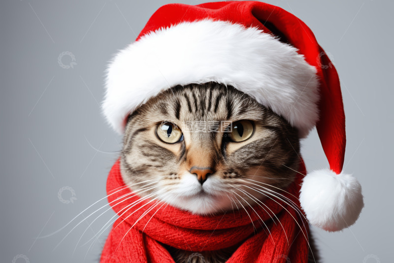 高清大图下载【趣麦麦图】戴圣诞帽围巾的猫咪特写