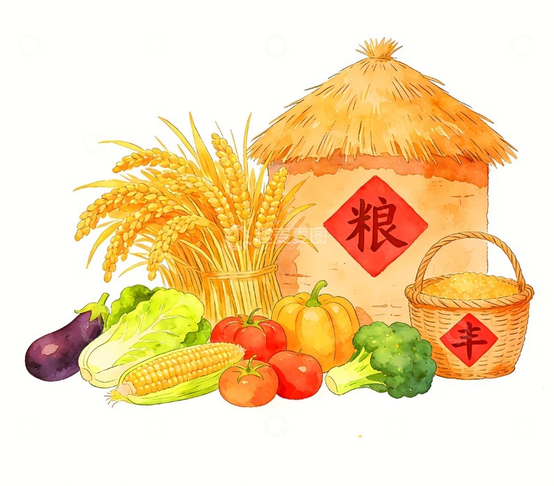 高清大图下载【趣麦麦图】粮食大丰收插画