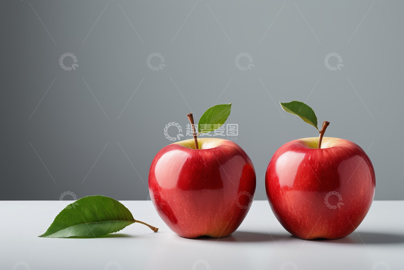 高清大图下载【趣麦麦图】两个带叶红苹果静物图