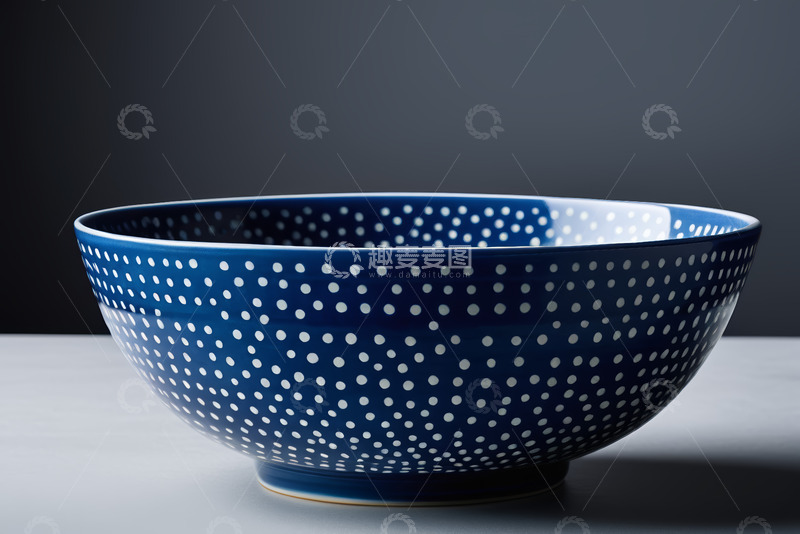 高清大图下载【趣麦麦图】蓝白波点花纹陶瓷碗特写