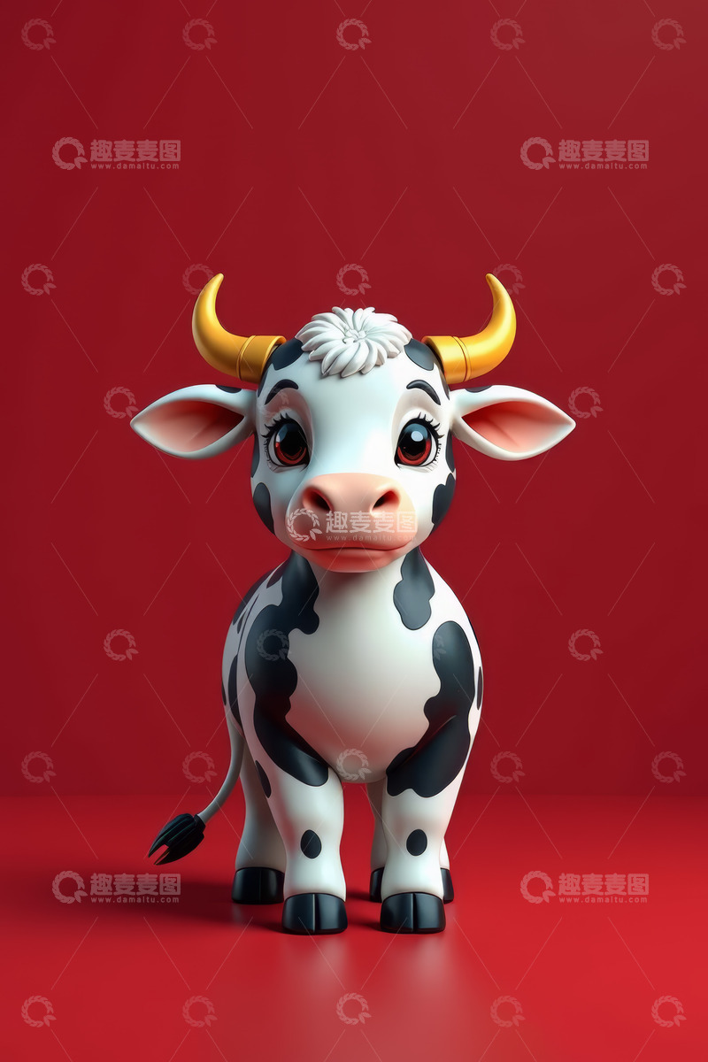 高清大图下载【趣麦麦图】-红色背景上的卡通奶牛形象