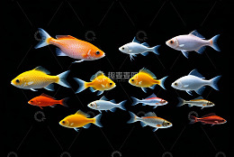 多种色彩金鱼在黑色背景游动