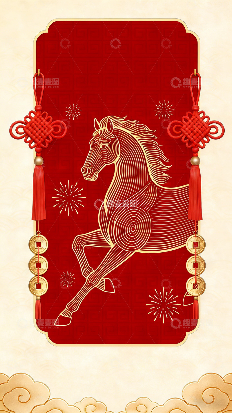 高清大图下载【趣麦麦图】中国红骏马新年祝福海报
