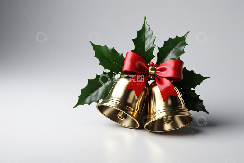 高清大图下载【趣麦麦图】圣诞装饰金色铃铛与冬青