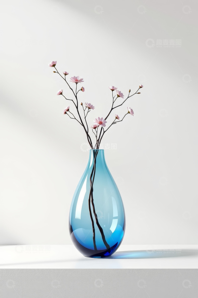 高清大图下载【趣麦麦图】蓝色花瓶插着粉色花枝