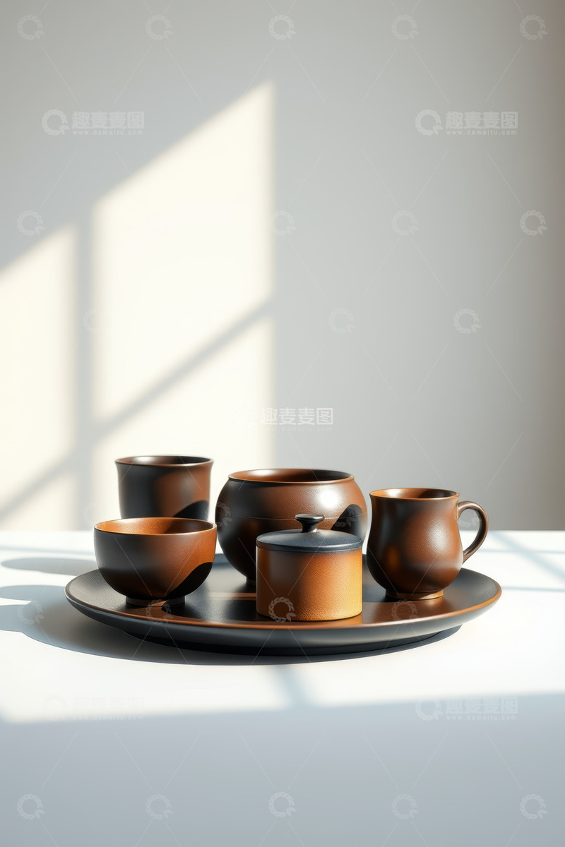 高清大图下载【趣麦麦图】阳光下的陶制茶具组合