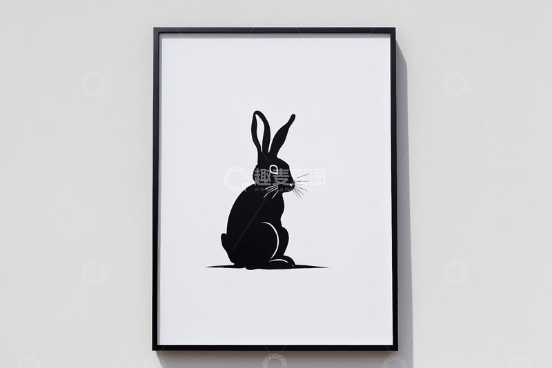 高清大图下载【趣麦麦图】黑框内坐立兔子装饰画
