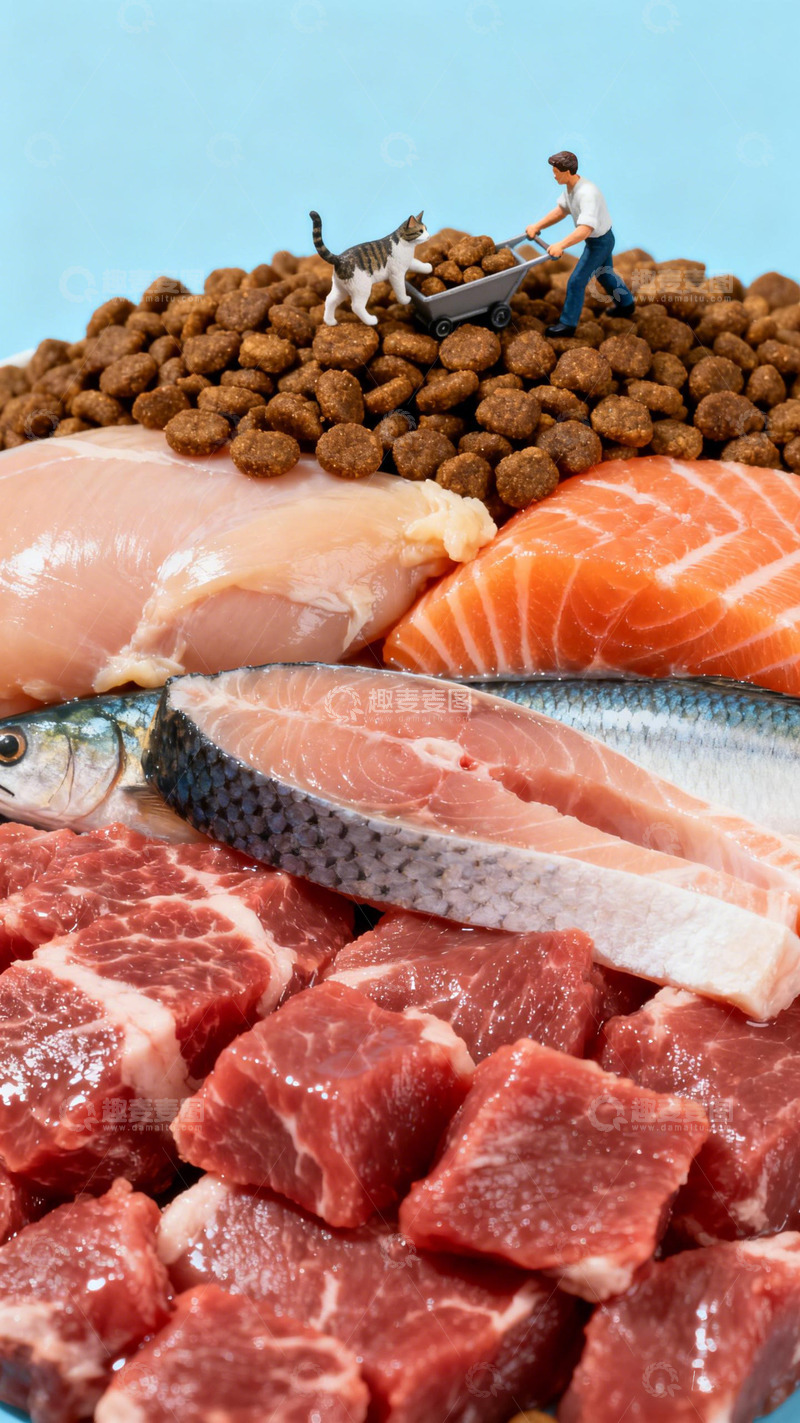 高清大图下载【趣麦麦图】创意宠物食品与肉类对比摄影
