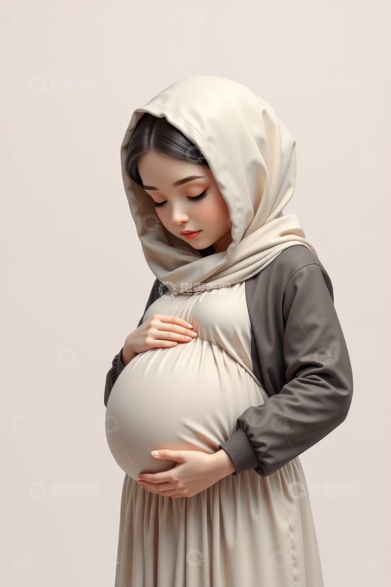 高清大图下载【趣麦麦图】戴头巾的孕妇轻抚腹部