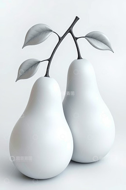 两个白梨带枝叶静物图