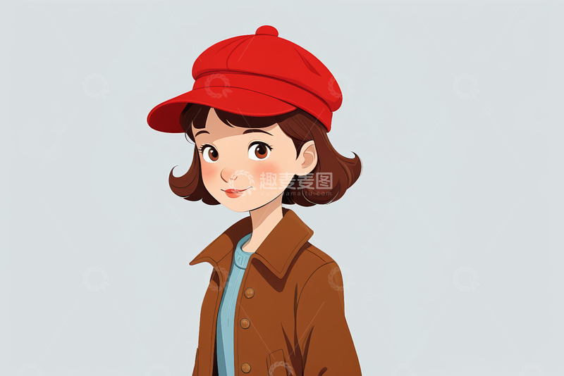 高清大图下载【趣麦麦图】戴红帽的卡通女孩侧身像