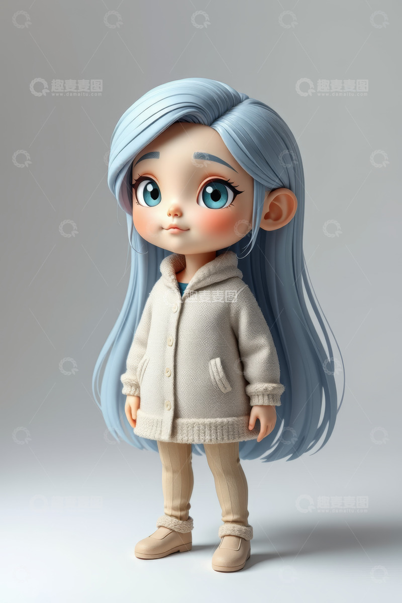 高清大图下载【趣麦麦图】蓝发卡通女孩站立形象