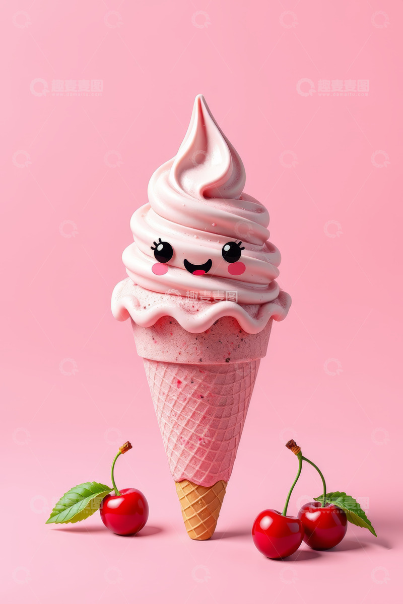 高清大图下载【趣麦麦图】粉色背景卡通冰淇淋与樱桃