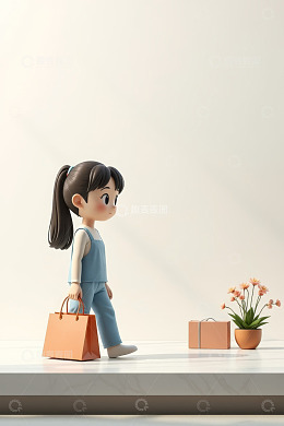 购物女孩3D形象与礼品花卉