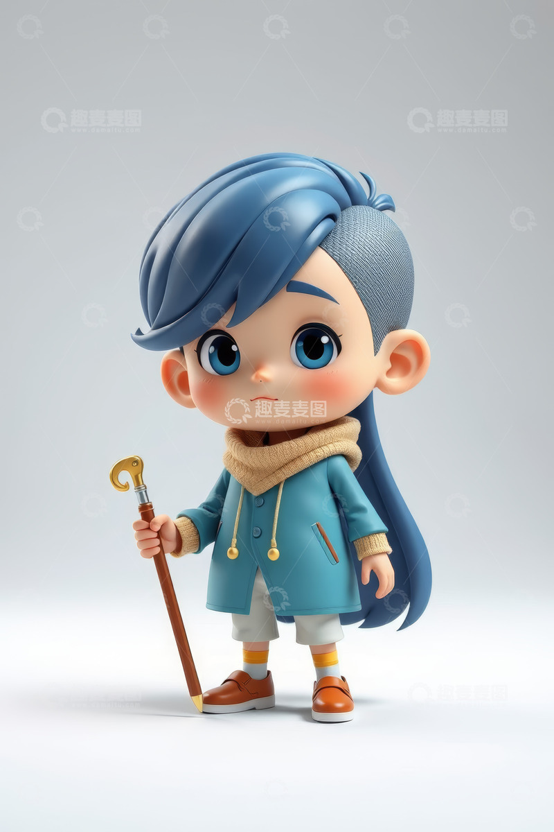 高清大图下载【趣麦麦图】手持拐杖的卡通人物形象